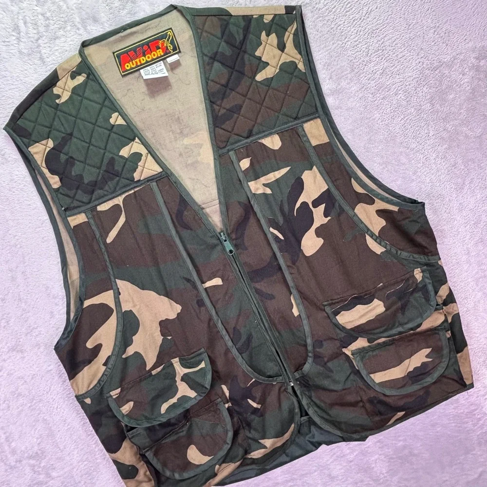 Vtg Avid Outdoor Mens Vest Sz XL Camo Hunting Utility Multi Pocket Game Bag 4303